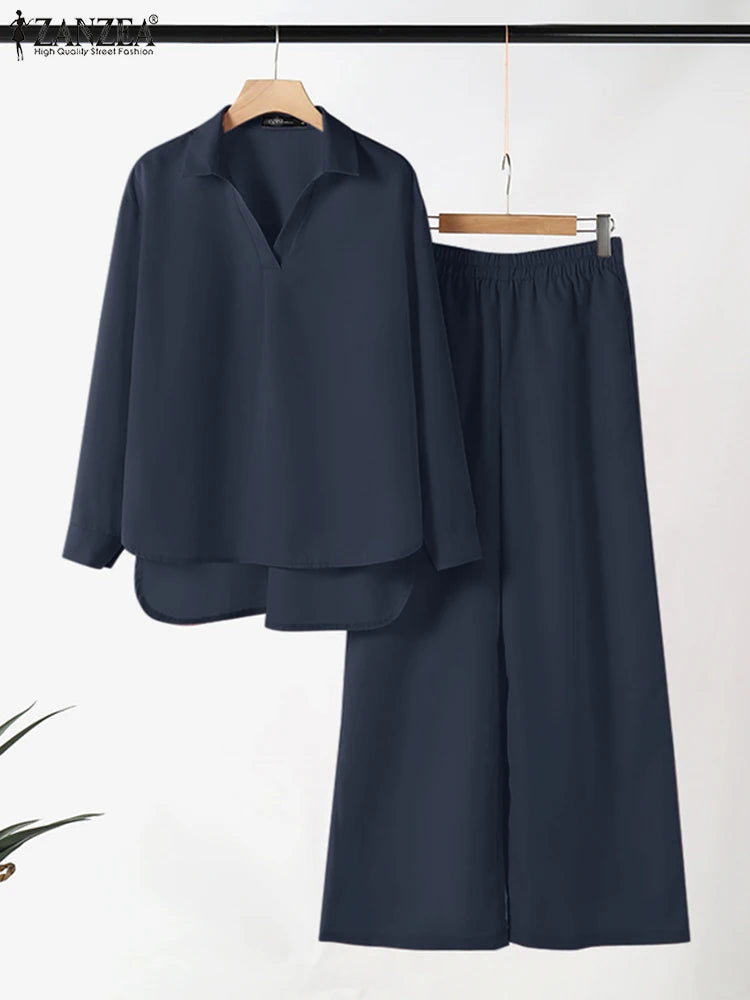 2025 ZANZEA Fashion Casual Long Sleeve Blouse Pant Sets Autumn 2pcs Outfits Women Loose Matching Sets Solid OL Work Tracksuits
