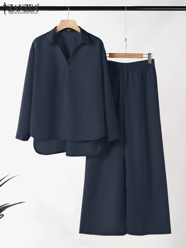 2025 ZANZEA Fashion Casual Long Sleeve Blouse Pant Sets Autumn 2pcs Outfits Women Loose Matching Sets Solid OL Work Tracksuits