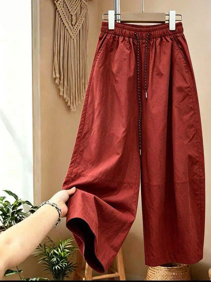 Loose Casual Pants Women Summer Large Size Comfortable Small Nine Points Balloon Pants High Waist Straight Leg Pure Color