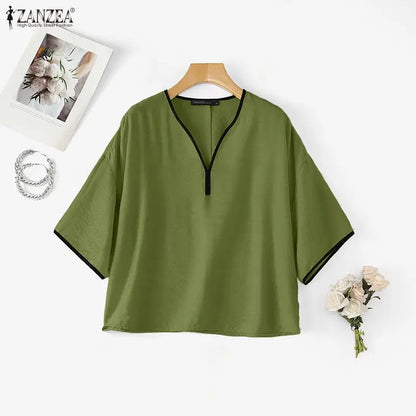 ZANZEA Woman Casual Blouses Contrast-Trim V-Neck 3/4 Sleeve Loose Tunic Tops Autumn 2026 Minimalist Daily Wear Blusas Mujer