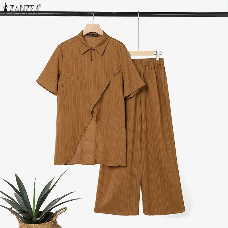 ZANZEA Fashion Summer 2 Pieces Sets 2PCS Short Sleeve Blouse Trousers Suit Women Outfits Asymmetrical Hem Tops OL Work Pant Sets
