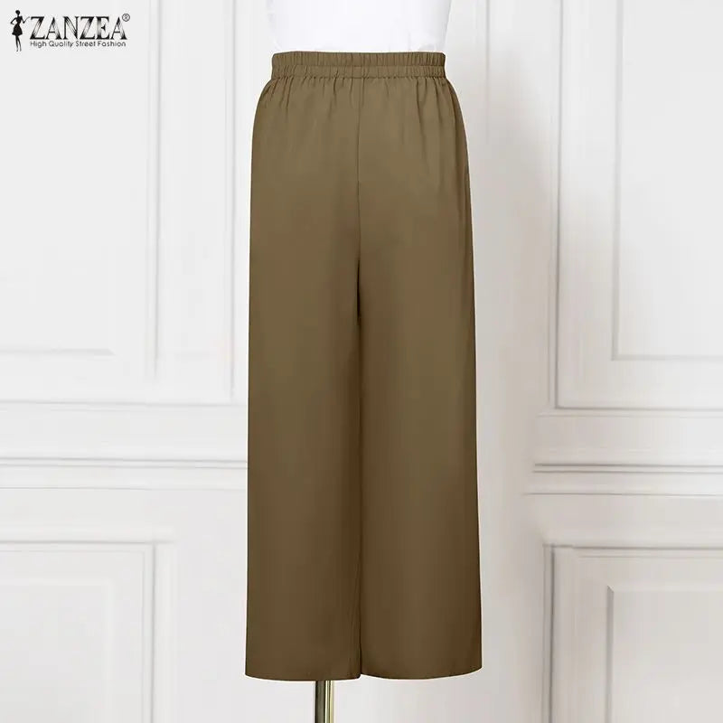 ZANZEA Women Pants Pleated Casual Wide Leg Long Trousers 2026 Summer Office Lady Wide Leg Capris Solid Color Elegant Bottoms