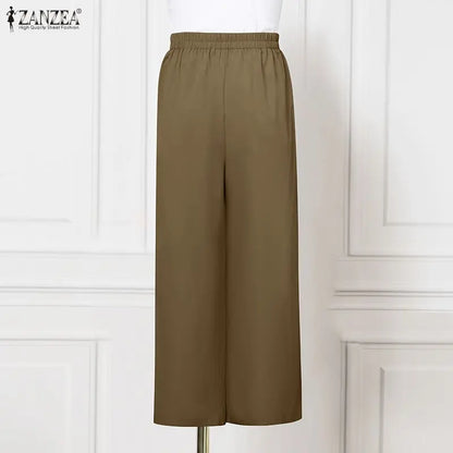 ZANZEA Women Pants Pleated Casual Wide Leg Long Trousers 2026 Summer Office Lady Wide Leg Capris Solid Color Elegant Bottoms
