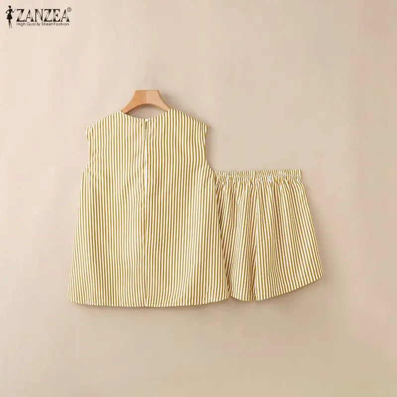 ZANZEA Women's Striped Short Sets Sleeveless High-Low Tops & Elastic Waist Shorts 2 Piece Suits Summer Casual Day Wear Outfits