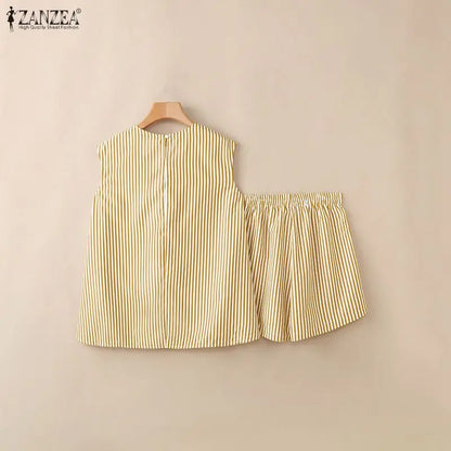 ZANZEA Women's Striped Short Sets Sleeveless High-Low Tops & Elastic Waist Shorts 2 Piece Suits Summer Casual Day Wear Outfits