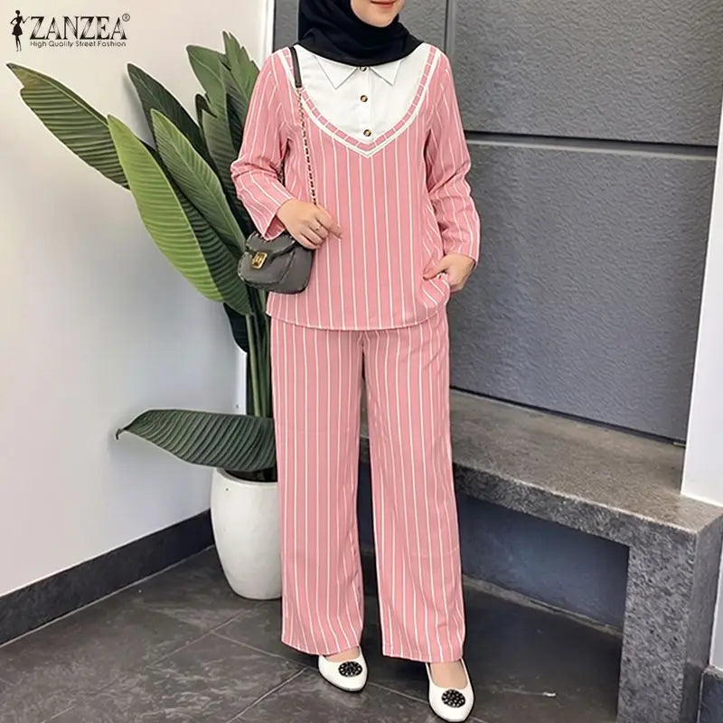 ZANZEA Women Muslim Sets 3/4 Sleeve Stripe Patchwork Turn Down Collar Blouse Elastic Waist Wide Leg Pants Office Wear 2 Pieces