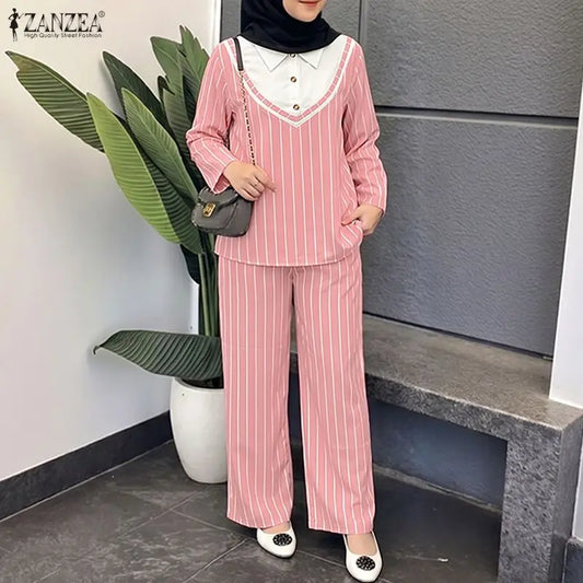 ZANZEA Women Muslim Sets 3/4 Sleeve Stripe Patchwork Turn Down Collar Blouse Elastic Waist Wide Leg Pants Office Wear 2 Pieces