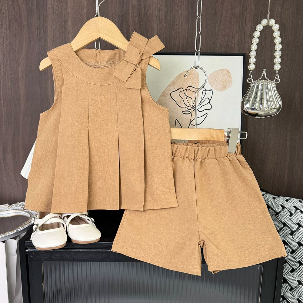 Korean Version Summer New Girls' Casual Suit Solid Color Round Neck Bow Pleated Vest Top+shorts Two-piece Set for Daily Wear