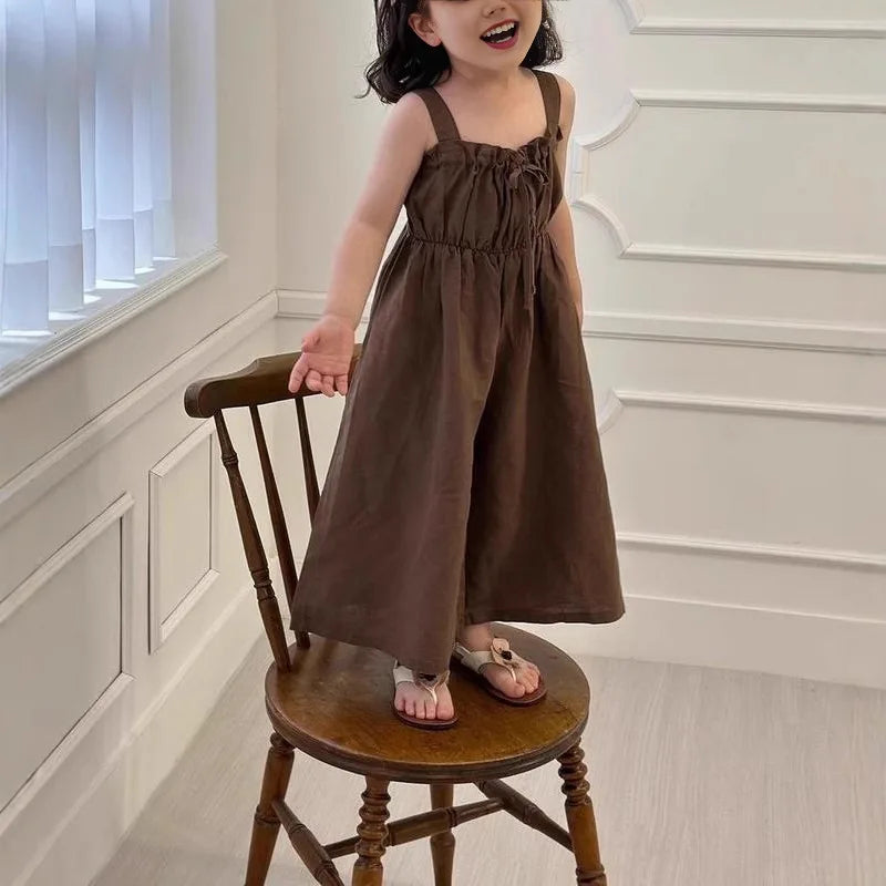2026 Summer New Girls Jumpsuit Loose Children Wide Leg Pants Cotton Baby Girls Sling Pants Fashion Kids Clothes