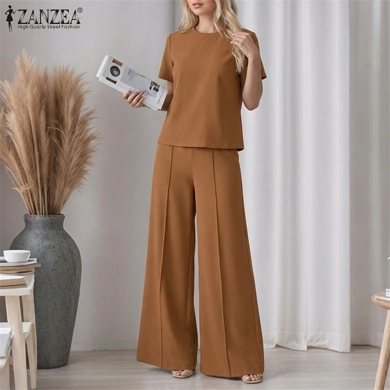 ZANZEA Summer Pant Sets Office Women 2 Pieces Set Elegant Short Sleeve Blouse Wide Leg Trousers Suit Fashion 2PCS Work OL Outfit