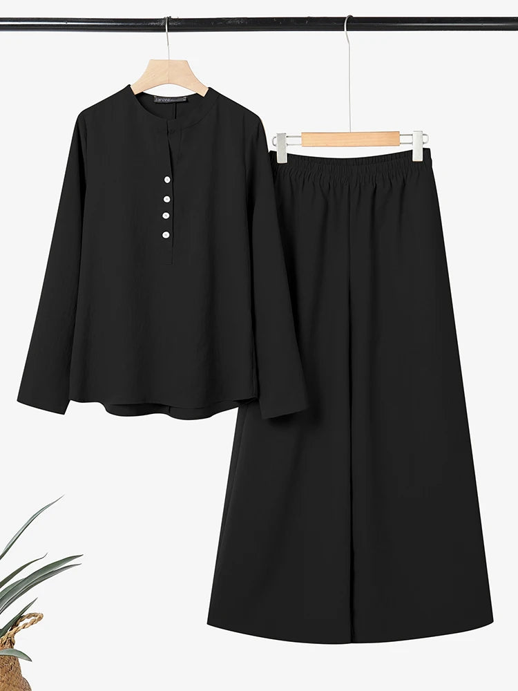 2026 ZANZEA Spring 2 Piece Sets Fashion Women Long Sleeve Tops Pants Sets Casual Solid Outfits Work Tracksuit Wide Leg Trousers