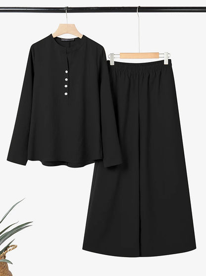 2026 ZANZEA Spring 2 Piece Sets Fashion Women Long Sleeve Tops Pants Sets Casual Solid Outfits Work Tracksuit Wide Leg Trousers