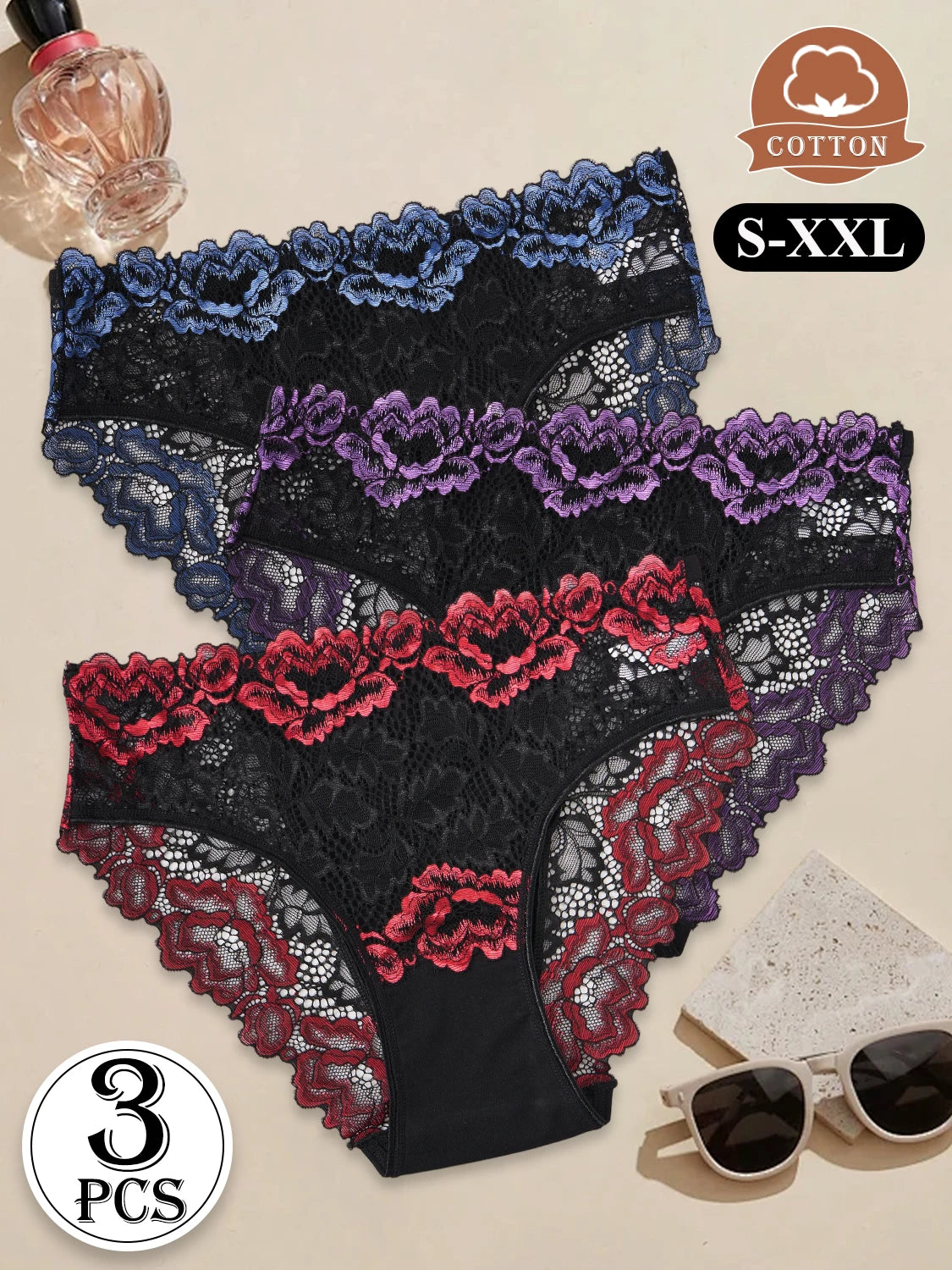 3PCS Popular Contrast Lace Floral Cotton Patchwork Panties for Women Hollow Out Lace Trim Sexy Underwear New Comfortable Briefs