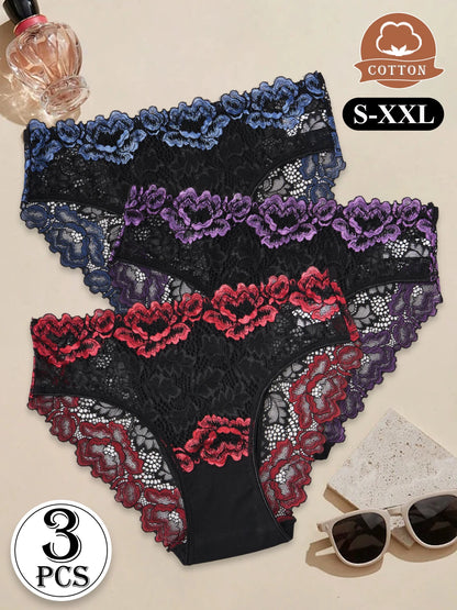 3PCS Popular Contrast Lace Floral Cotton Patchwork Panties for Women Hollow Out Lace Trim Sexy Underwear New Comfortable Briefs