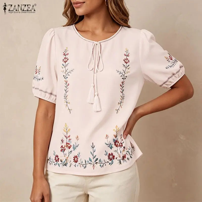 ZANZEA Fashion Summer Blouses Casual Short Sleeve Blusas Women Blouse Floral Print Tops OL Work Party Tunic Streetwear Oversize