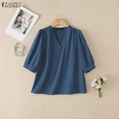 ZANZEA Women Blouse Elegant V Neck Puff Half Sleeve Solid Color OL Work Blusas Casual Tunic Oversize Streetwear Summer Autumn