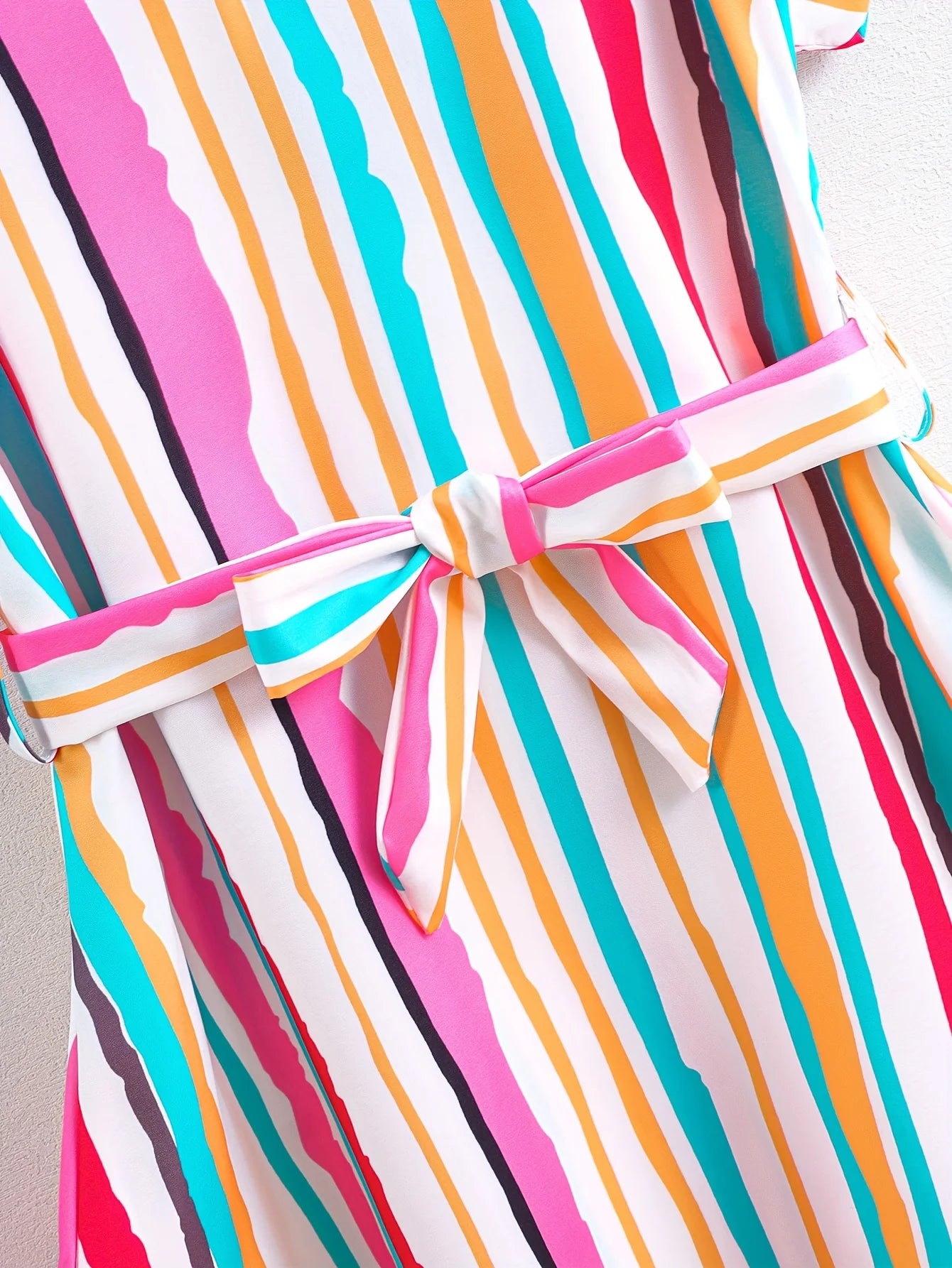 Girls' Summer Casual Fashion Sweet Colorful Striped V-Neck Belted Irregular Hem Short-Sleeved Dress