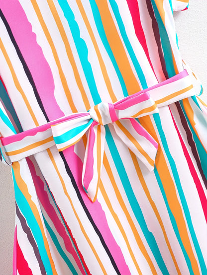 Girls' Summer Casual Fashion Sweet Colorful Striped V-Neck Belted Irregular Hem Short-Sleeved Dress