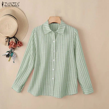 ZANZEA Women Loose Long Sleeve Shirts Striped Turn-Down Collar Button Up Oversized Tops 2026 Autumn Commute Work Camisas Mujer