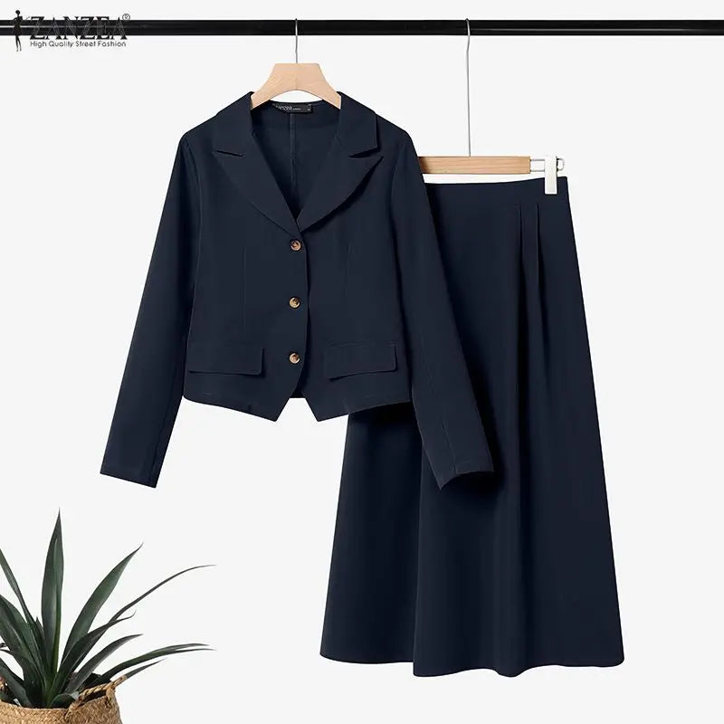 ZANZEA Elegant Women 2-Piece Skirt Suits Peak Lapel Long Sleeve Short Blazer & A-Line Midi Skirt 2pcs Sets 2026 Autumn Outfits