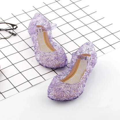 Girls Low Heel Princess Shoes Children New Summer Sandals Girls PVC Jelly Shoes Cinderella Crystal Shoes Kids Slope Heel Sandals
