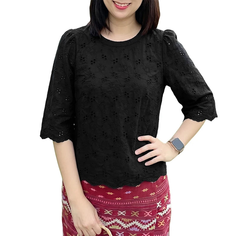 ZANZEA Women's Casual Openwork Blouses O-Neck Half Sleeve Embroidered Floral Patchwork Tops Summer Daily Wear Blusas de Mujer