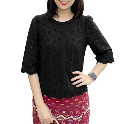 ZANZEA Women's Casual Openwork Blouses O-Neck Half Sleeve Embroidered Floral Patchwork Tops Summer Daily Wear Blusas de Mujer