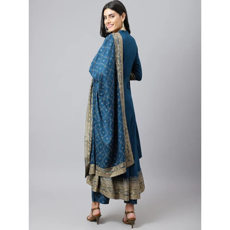 Indian Ethnic Wear Women Kurta Set Blue Printed Cotton Silk Suit Summer Traditional Salwar Kameez 3pcs Sets Breathable Outfit