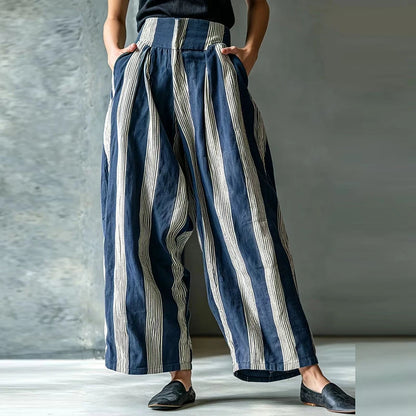 Summer High Waist Pocket Striped Printed Pants Women Casual Pocket Wide Leg Pants Female Fashion Streetwear