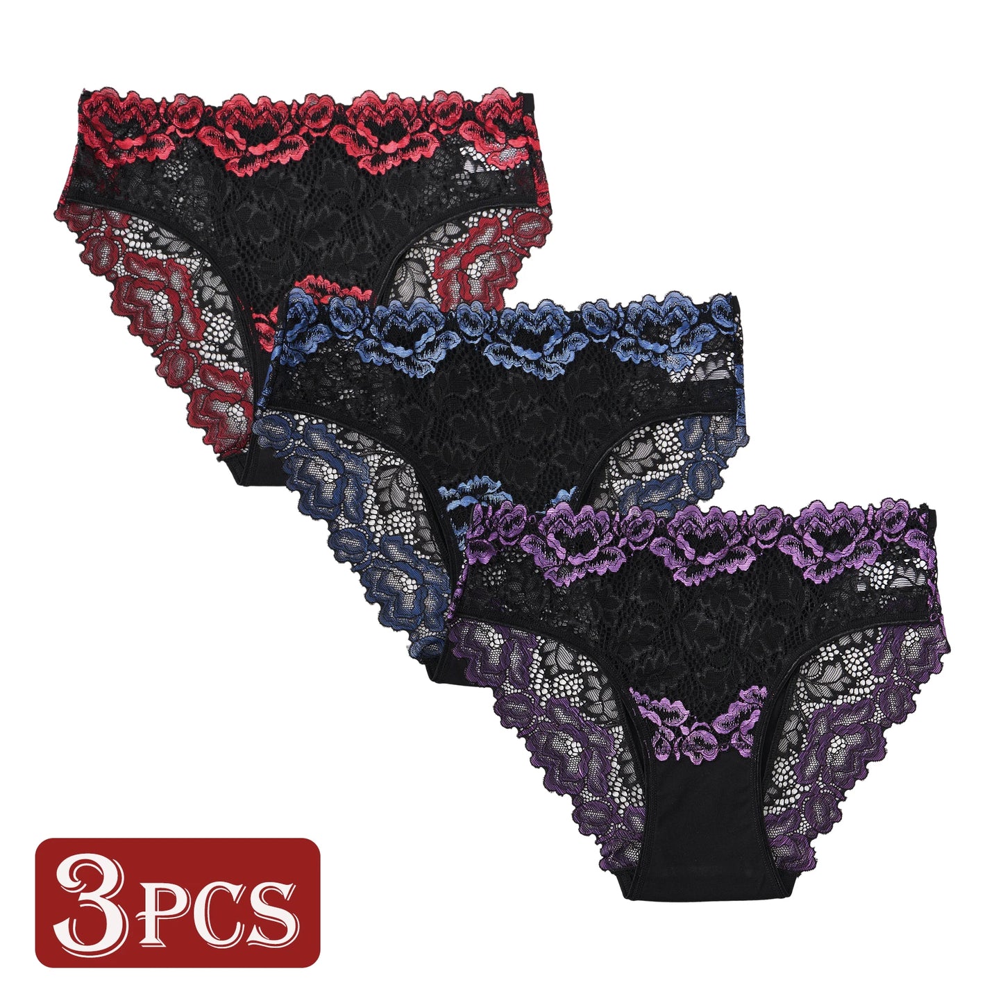 3PCS Popular Contrast Lace Floral Cotton Patchwork Panties for Women Hollow Out Lace Trim Sexy Underwear New Comfortable Briefs