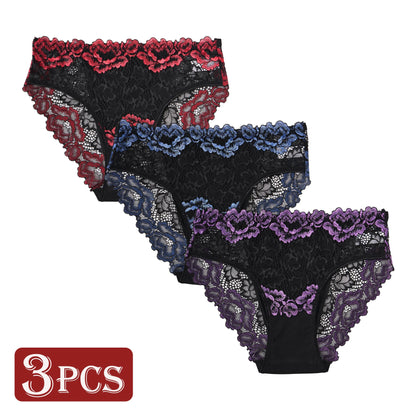 3PCS Popular Contrast Lace Floral Cotton Patchwork Panties for Women Hollow Out Lace Trim Sexy Underwear New Comfortable Briefs