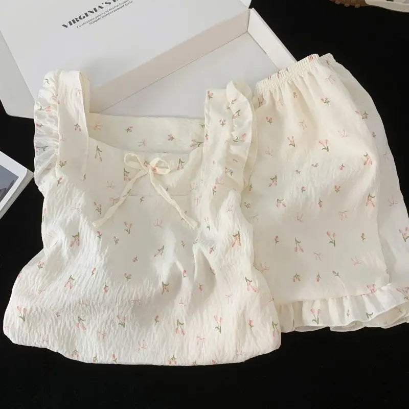 Childrens Floral Pajamas Set Summer Lightweight Cloud Cotton Vest with Shorts Princess Style for Girls Baby Homewear