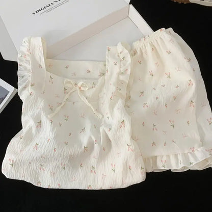 Childrens Floral Pajamas Set Summer Lightweight Cloud Cotton Vest with Shorts Princess Style for Girls Baby Homewear