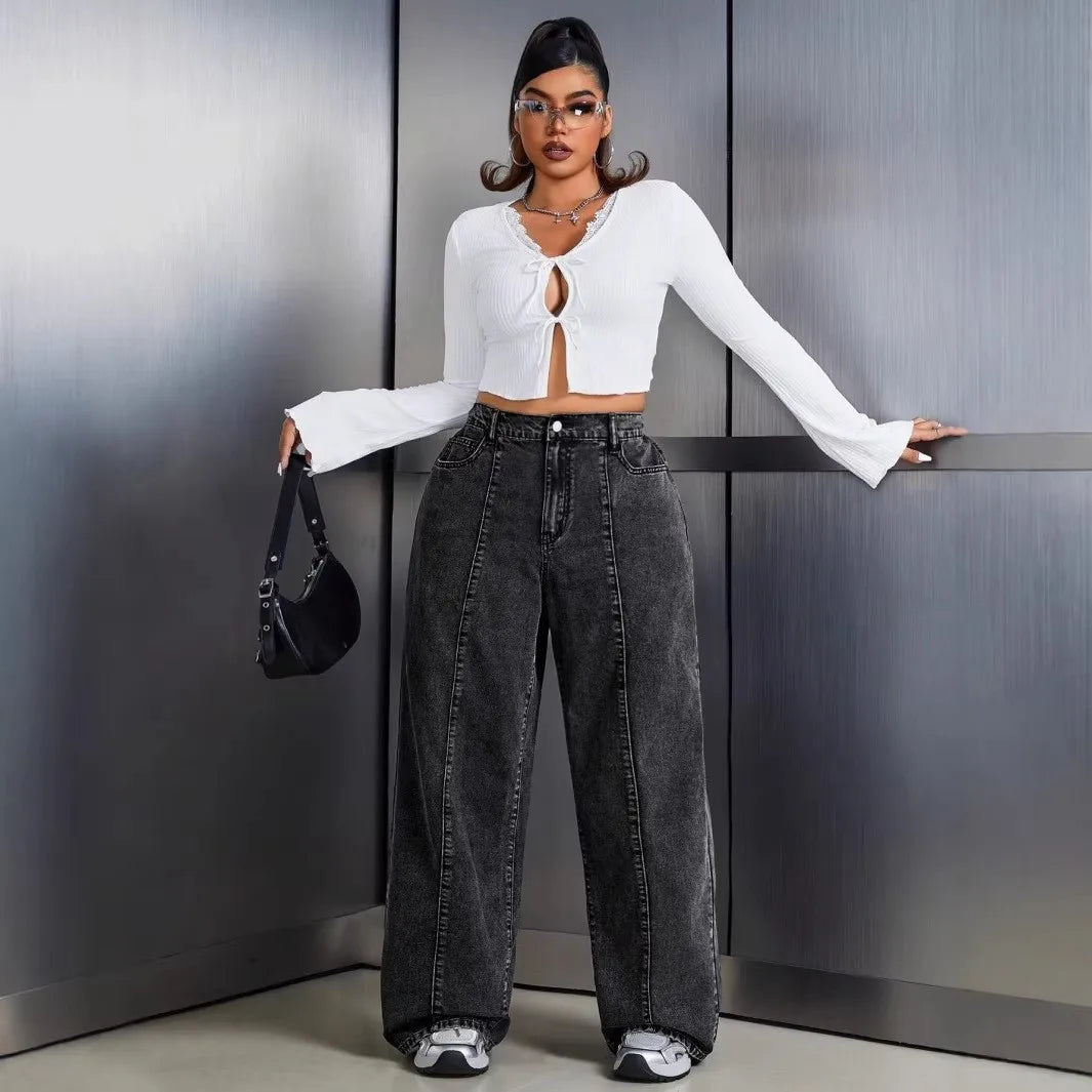 Women Plus Size Jeans High Waist Wide Leg Denim Pants Cotton Distressed Denim Jeans Oversized Black Wash Full Length Jeans Pants