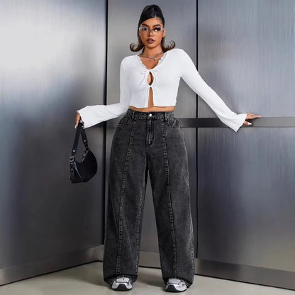 Women Plus Size Jeans High Waist Wide Leg Denim Pants Cotton Distressed Denim Jeans Oversized Black Wash Full Length Jeans Pants