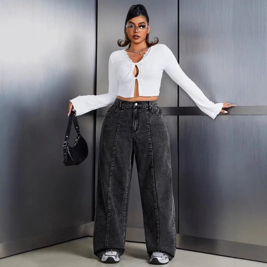 Women Plus Size Jeans High Waist Wide Leg Denim Pants Cotton Distressed Denim Jeans Oversized Black Wash Full Length Jeans Pants