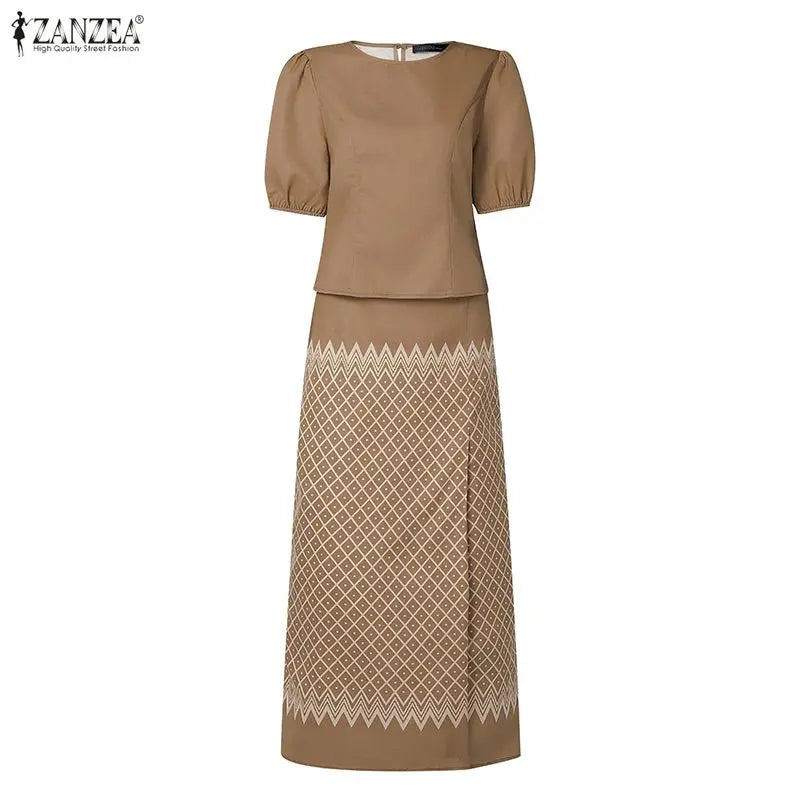 ZANZEA Women 2-Piece Sets Puff Sleeve Solid Crop Top & Geometric Print Maxi Skirt Matching Sets Elegant Date Night Co-ords 3XL