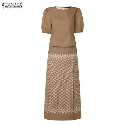 ZANZEA Women 2-Piece Sets Puff Sleeve Solid Crop Top & Geometric Print Maxi Skirt Matching Sets Elegant Date Night Co-ords 3XL