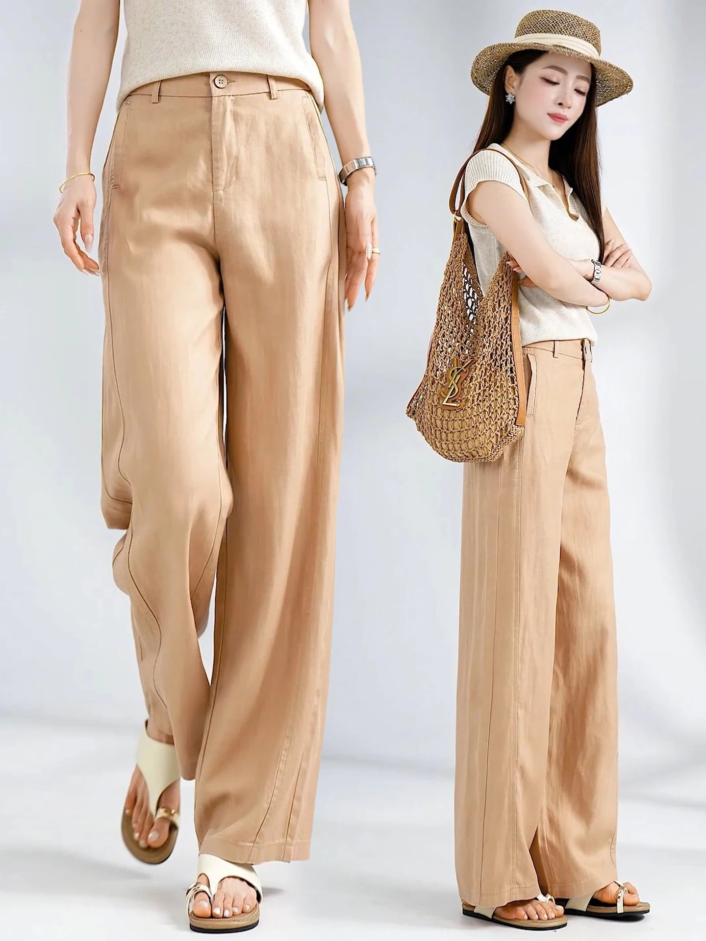 Summer Thin Linen Wide Leg Pants Women Casual Loose Drape Straight Leg  Pants High Waist Comfortable Breathable Cool