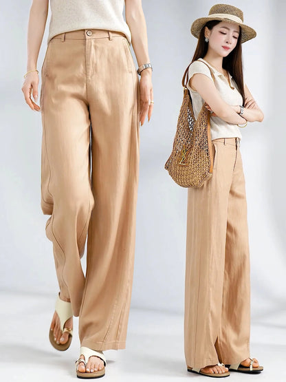 Summer Thin Linen Wide Leg Pants Women Casual Loose Drape Straight Leg  Pants High Waist Comfortable Breathable Cool
