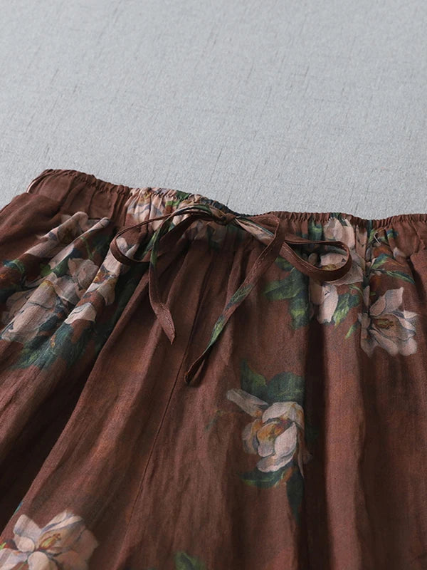 High Waist Large Size Casual Pants Floral Print Linen Wide Leg Pants Artistic Versatile National Style Casual Comfortable Summer
