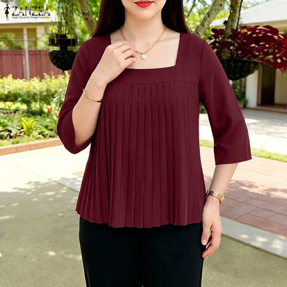 ZANZEA Pleated Detail Blouses 2026 Women Elegant Square Neck 3/4 Sleeve Solid Color Tops Summer Daily Casual Blusas de Mujer