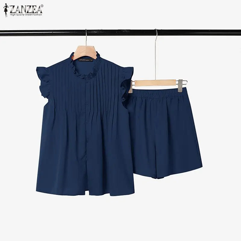 ZANZEA Women 2 Pieces Matching Short Sets Summer Ruffled Trim O-Neck Flying Sleeves Pintuck Tops & Elastic Waist Shorts Suits