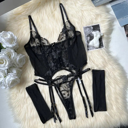 Floral Embroidery Mesh Corset Lingerie Set See Through Garter Belt 3 Piece Sexy Outfit Valentine Boudoir Photoshoot Romantic