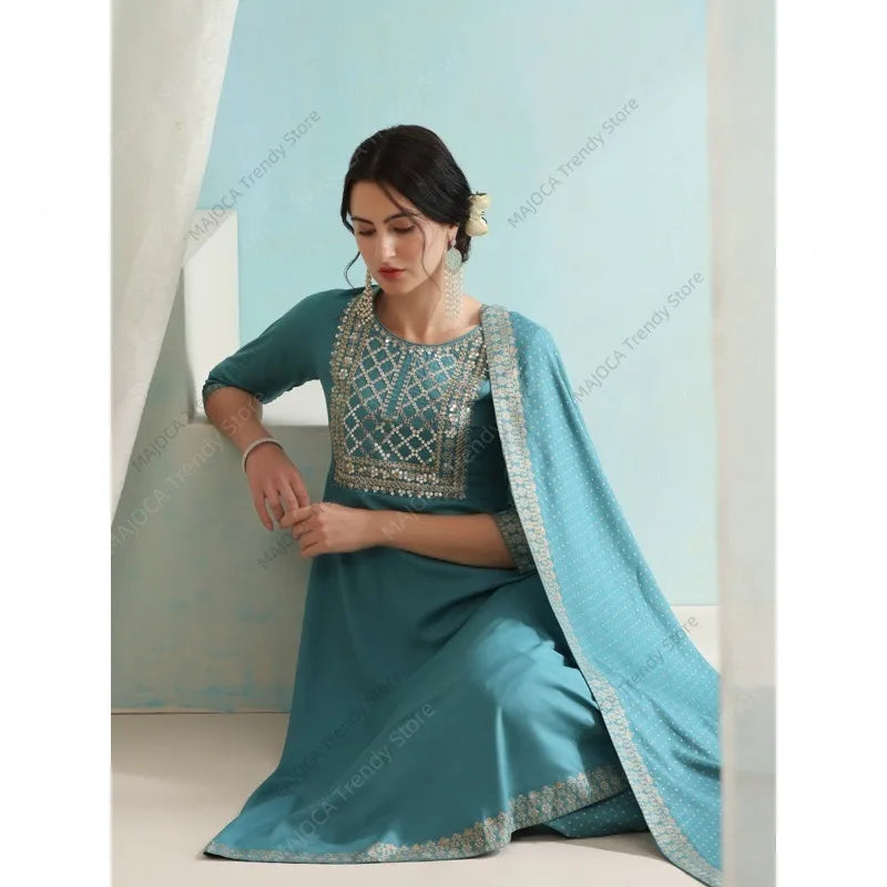 Peacock Blue Indian Women 3 Piece Set Embroidered Anarkali Kurta Pant with Dupatta Rayon Ethnic Pakistani Suit Party Wear