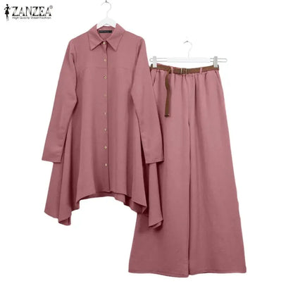 ZANZEA Women's Casual Pant Suits Oversized Long Sleeve Asymmetric Shirt & Wide Leg Pant 2 Pieces Sets Solid Commuting Outfits