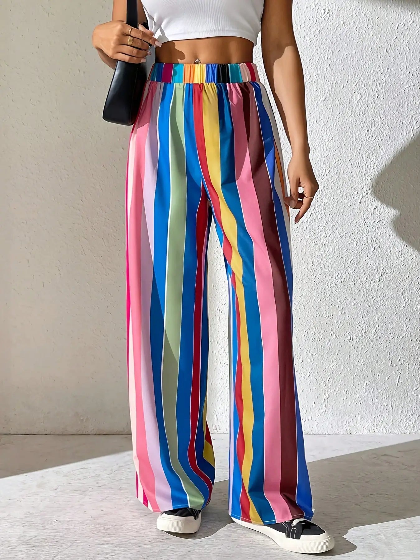 2026 casual and elegant women's plus size elastic waist loose color striped comfortable wide leg pants long pants