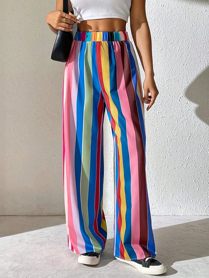 2026 casual and elegant women's plus size elastic waist loose color striped comfortable wide leg pants long pants
