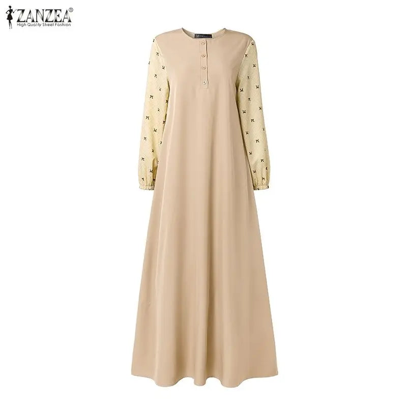 ZANZEA Women Patchwork Muslim Abaya Maxi Dresses Casual O Neck Long Sleeve Loose Ramadan Sundress Kaftan Hijab Dress Robe Femme