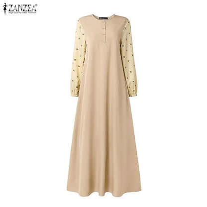 ZANZEA Women Patchwork Muslim Abaya Maxi Dresses Casual O Neck Long Sleeve Loose Ramadan Sundress Kaftan Hijab Dress Robe Femme